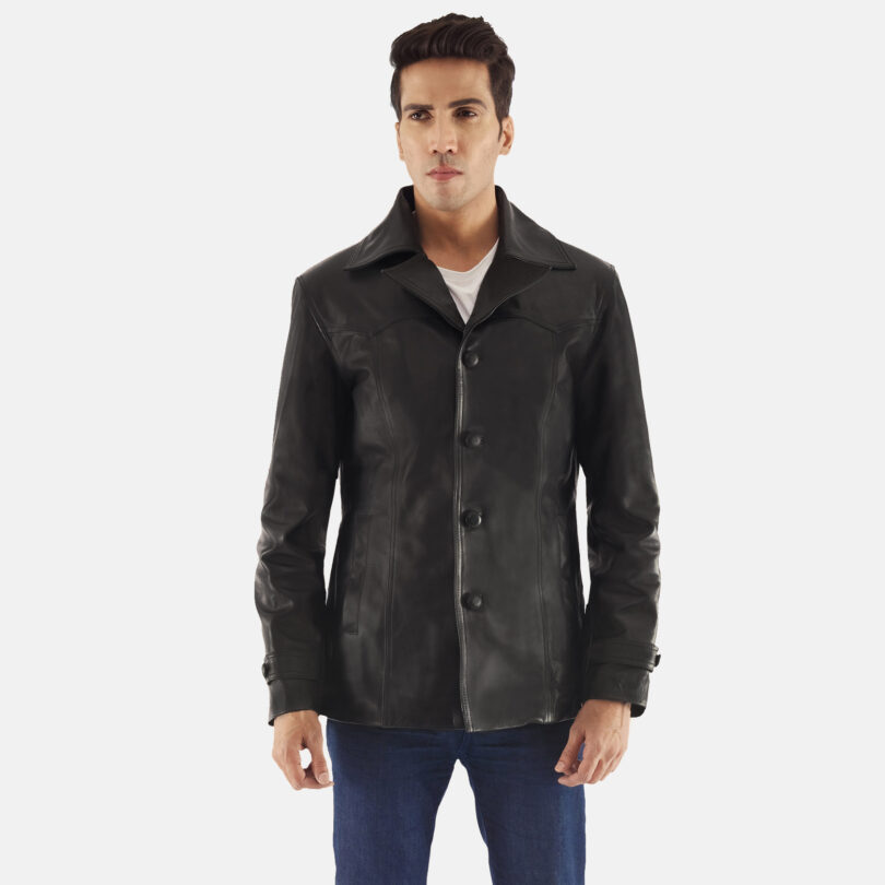 Men's Leo Black Leather Coat,men's coat, men's leather coat,black coat,black leather coat, leo coat, leo leather coat,outjacket