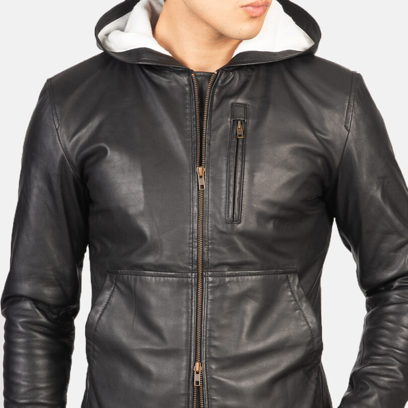 Men's Black Hooded Leather Jacket, men's jacket,hooded jacket, men's hooded jacket,black jacket,black hooded jacket,hooded leather jacket,leather jacket, leather hooded jacket,black leather jacket, outjacket