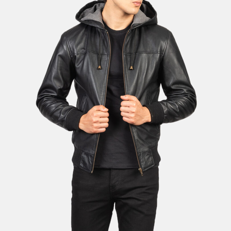 Black Biker Hooded Bomber Jacket, biker jacket, biker hooded jacket, black jacket, black bomber jacket, bomber hooded jacket, black biker jacket,black hooded jacket, outjacket