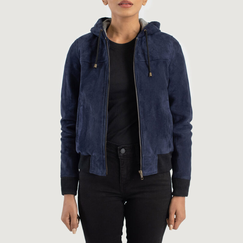 Women's Suede Blue Hooded Bomber Jacket, Suede jacket, Suede Hooded jacket, Blue Hooded jacket,Bomber Hooded Jacket,Women's Bomber Jacket,Blue Bomber jacket, Blue Hooded jacket,outjacket