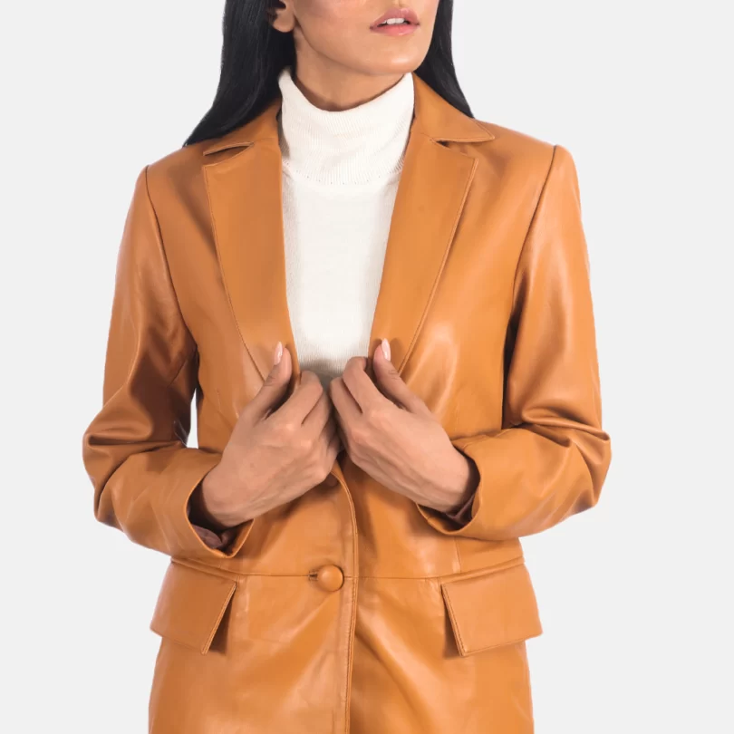 Women's Tan Button Leather Blazer